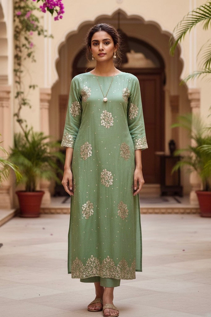 Woman wearing a green traditional Kurta outfit with floral patterns by Umaid Couture, in an outdoor setting.