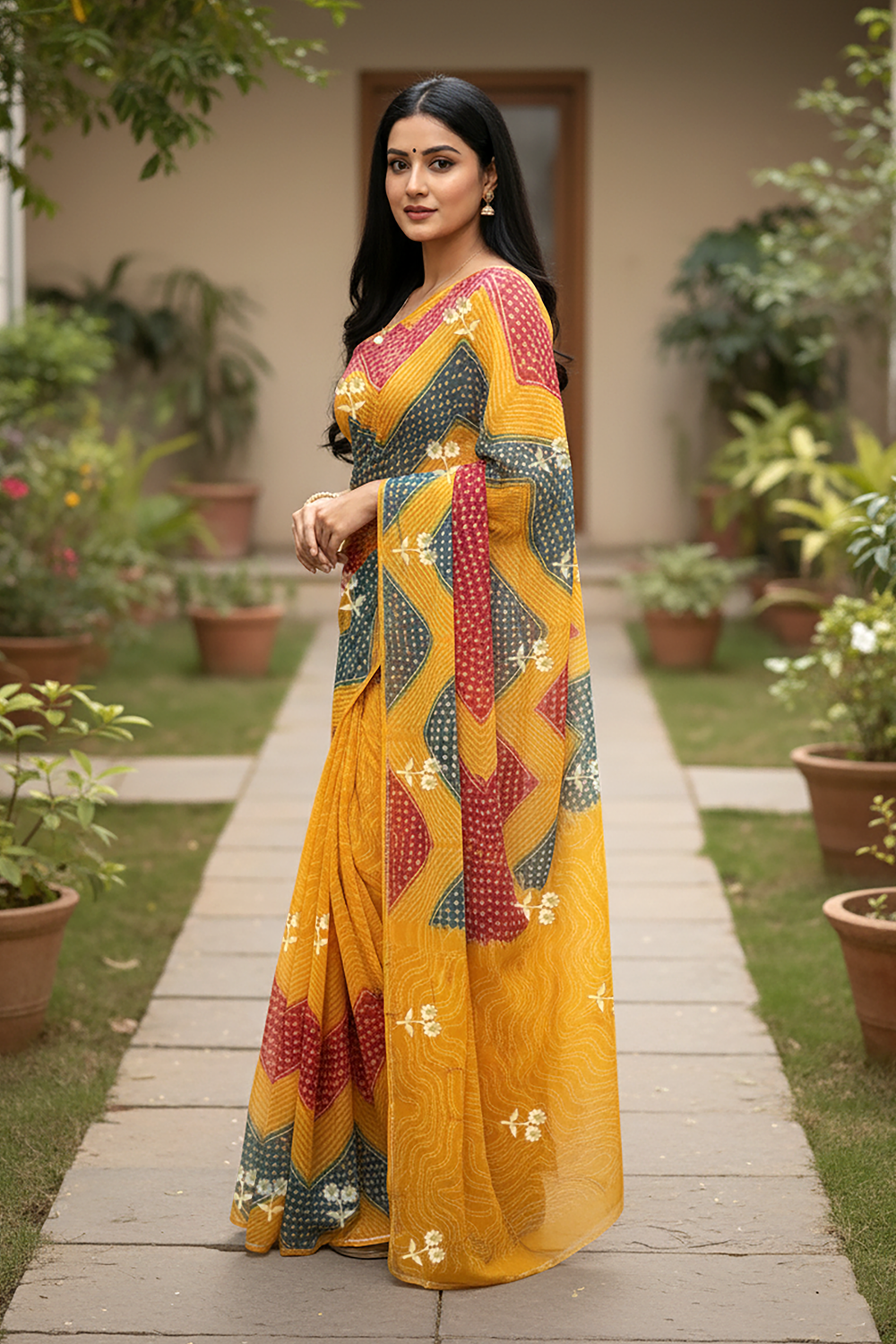 Woman in a colorful Bandhej Georgette Saree by Umaid Couture standing on a garden path with plants around.