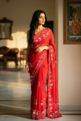 Woman in mulberry red saree with jasmine floral vines border on saree made by umaid couture.