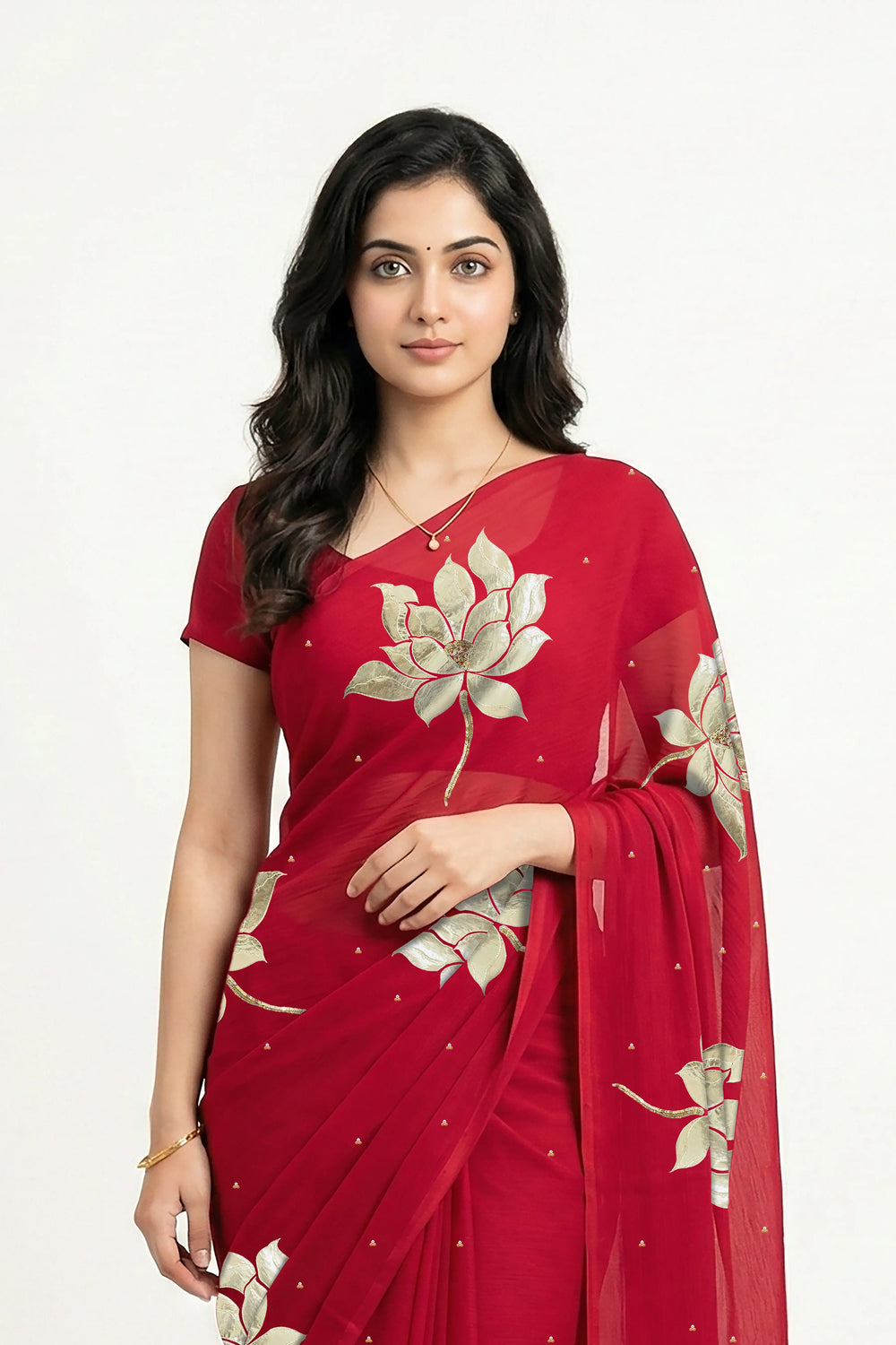 An Indian woman in Red Padma Saree embellished with Blooming lotus flowers made of Gota, Zari & sequins by craft of Aari-Zardosi, a product of Umaid Couture