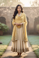 Women standing in a garden courtyard wearing a pastel mustard pashmina shawl embellished with sequins floral embroidery by Umaid Couture