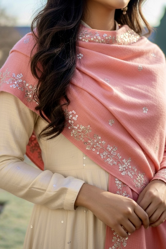 Woman in a pink embroidered stole by Umaid Couture standing on a stone path in a garden background