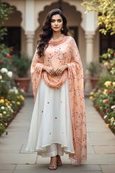 Woman wearing a pastel peach shawl embellished with sequins flowers vine by Umaid Couture, standing in a Garden Courtyard