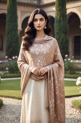 Woman wearing a pashmina shawl embellished with silver-pink sequins by Umaid couture, standing in a garden courtyard
