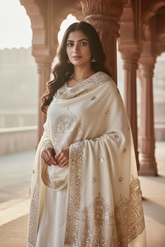 Woman in a traditional sequins embroidered off white Pashmina Shawl by Umaid Couture standing in a corridor