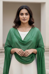 Woman wearing a green dupatta over a white outfit with a neutral background. product by Umaid Couture
