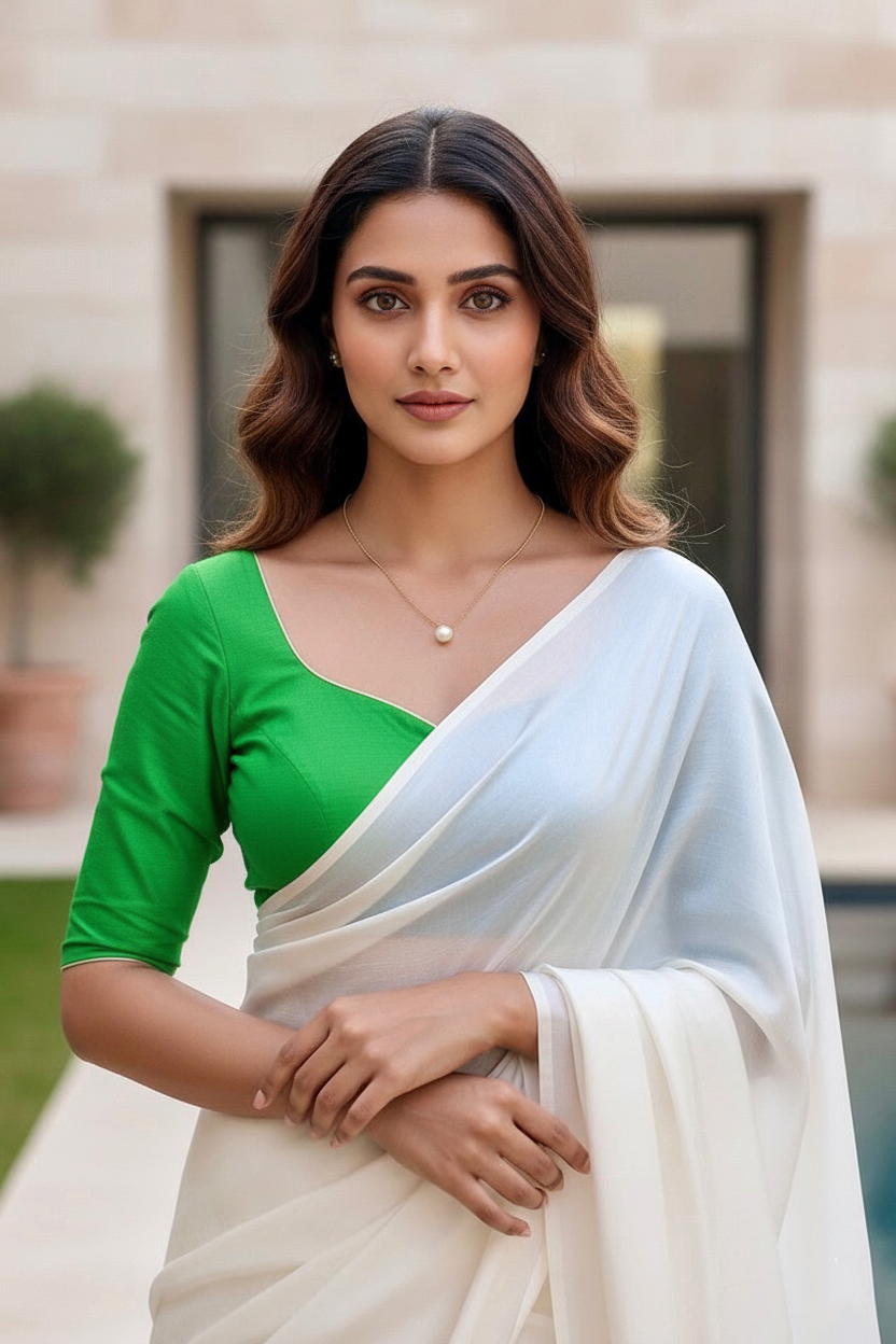 Woman wearing a green blouse and white saree with a blurred background. product by Umaid Couture
