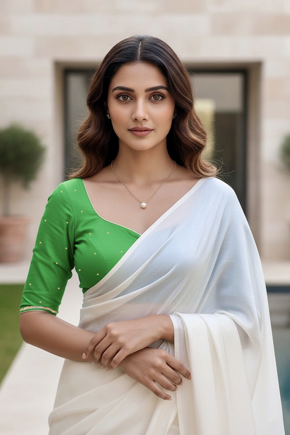 Woman wearing a green blouse and white saree with a blurred background. product by Umaid Couture
