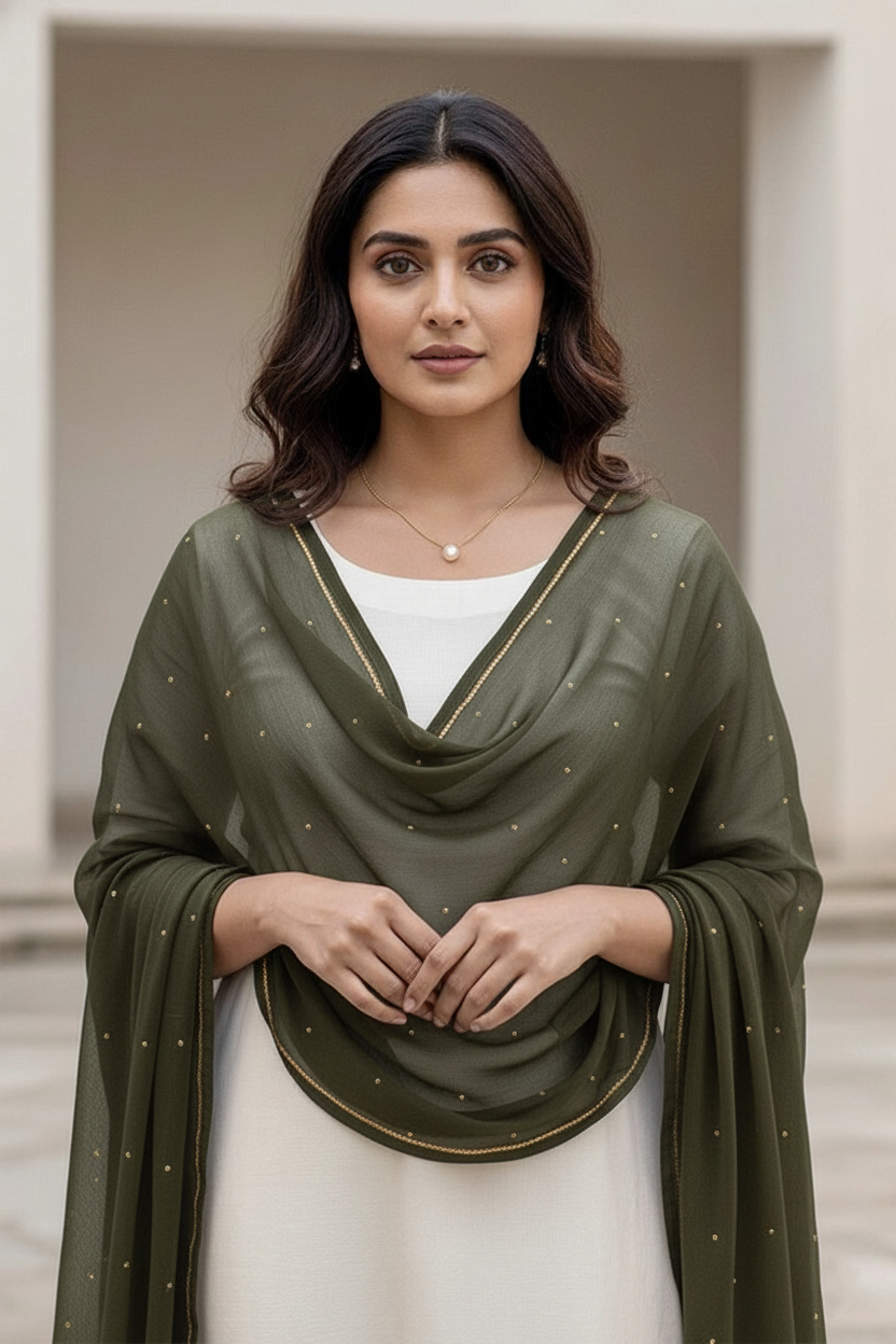 Woman wearing a green scarf over a white outfit with a neutral background. product by Umaid Couture