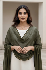Woman wearing a green scarf over a white outfit with a neutral background. product by Umaid Couture