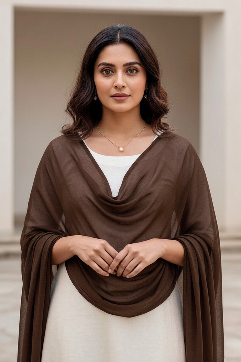 Woman wearing a brown scarf over a white top, standing in an outdoor setting. Product by Umaid Couture