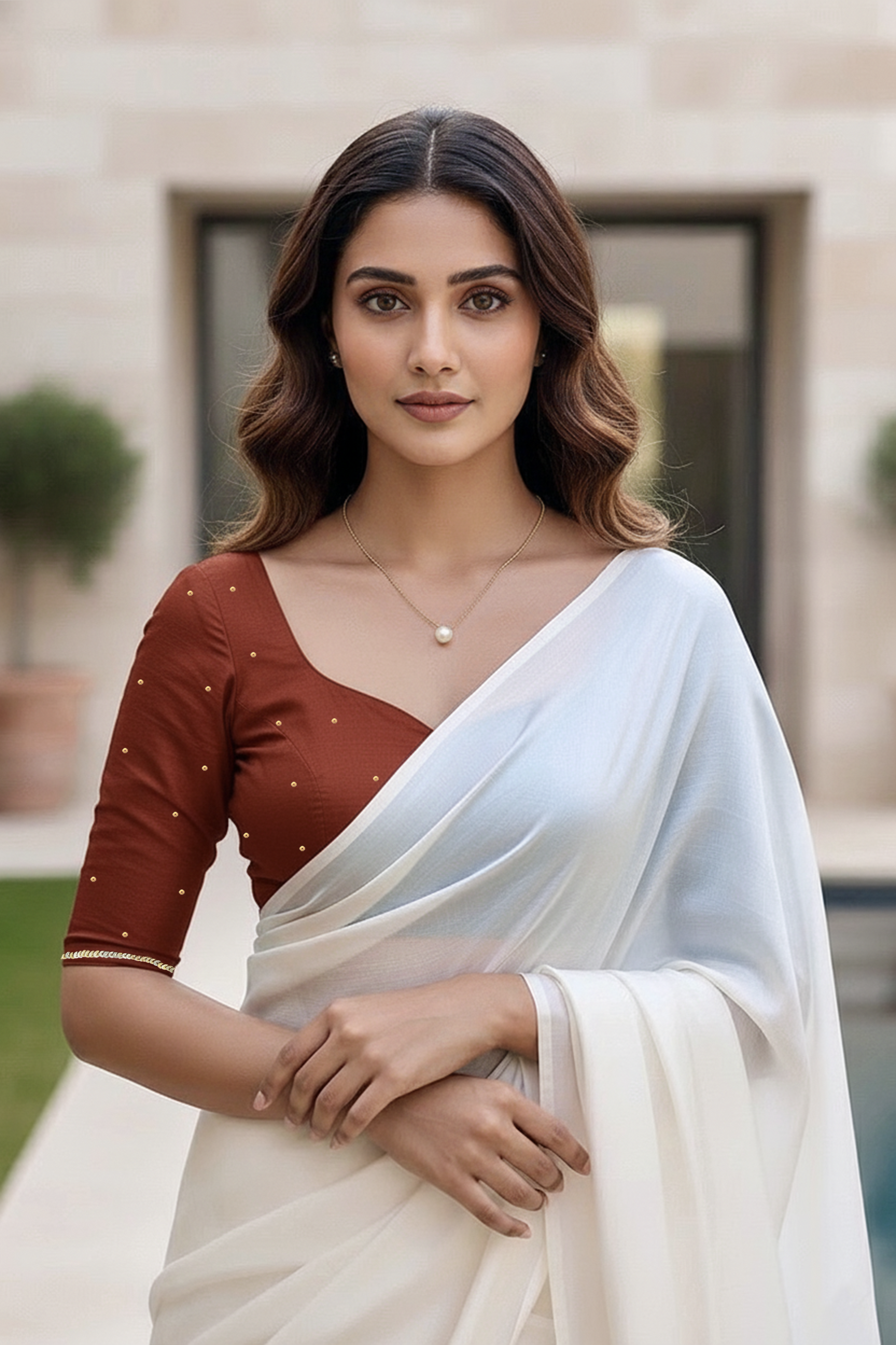Woman wearing a white saree with a red blouse in an outdoor setting. product by Umaid Couture