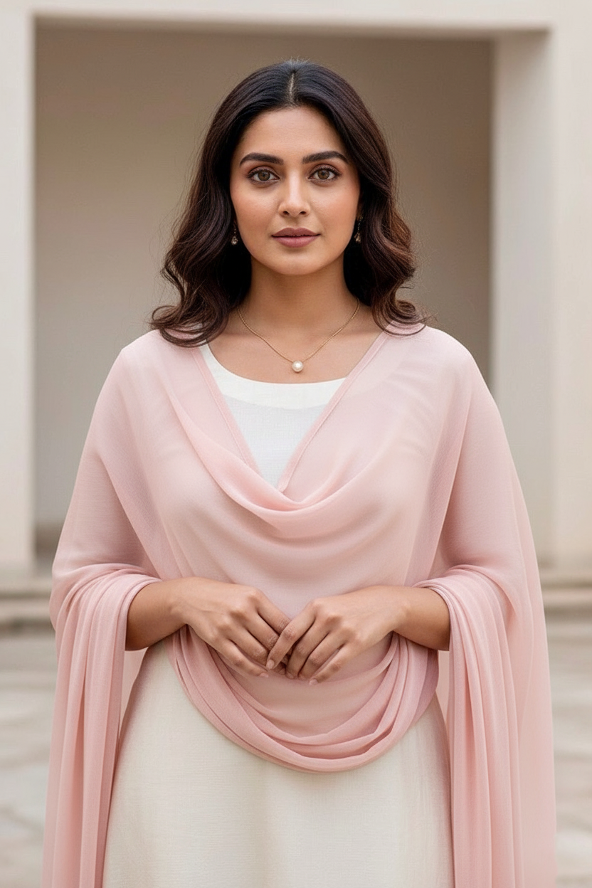 Woman wearing a pink scarf over a white outfit with a neutral background. Product by Umaid Couture