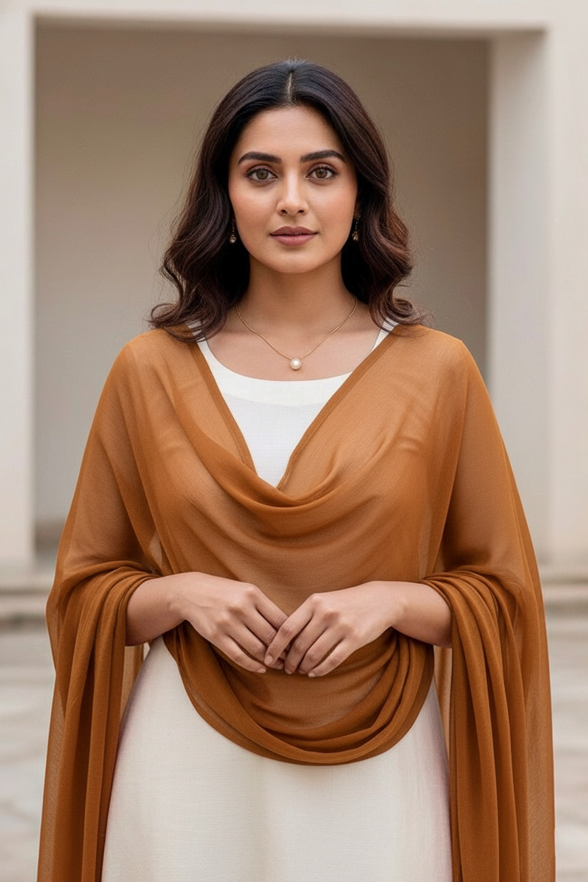 Woman wearing a brown shawl over a white outfit with a neutral background. Product by Umaid Couture