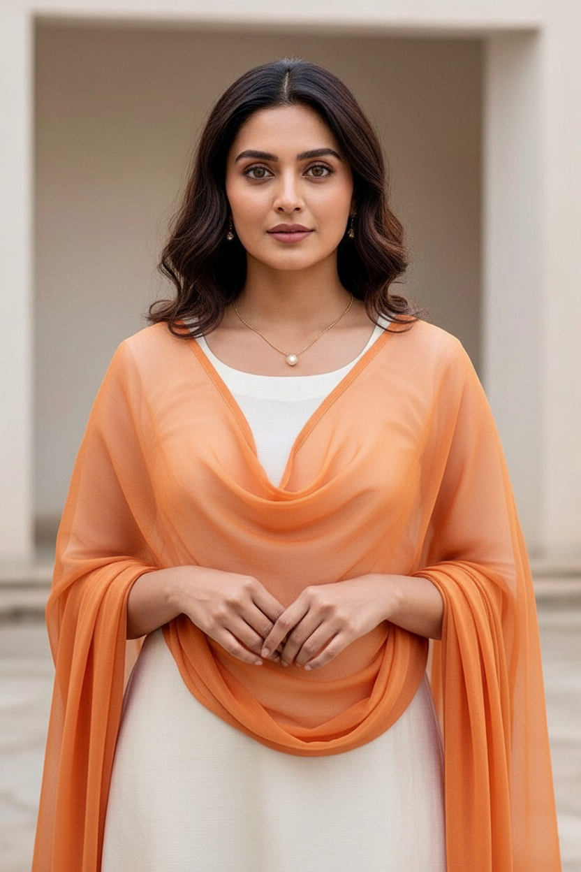 Woman wearing an orange scarf over a white outfit with a neutral background. Product by Umaid Couture