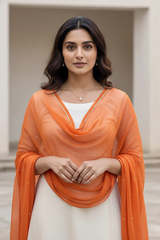 Woman wearing an orange dupatta over a white outfit with a neutral background. product by Umaid Couture