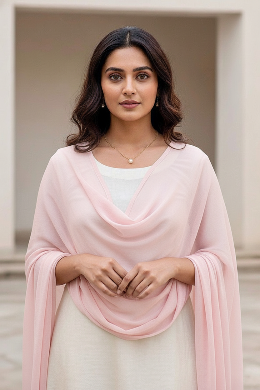 Woman wearing a light pink scarf over a white outfit with a neutral background.product by Umaid Couture.