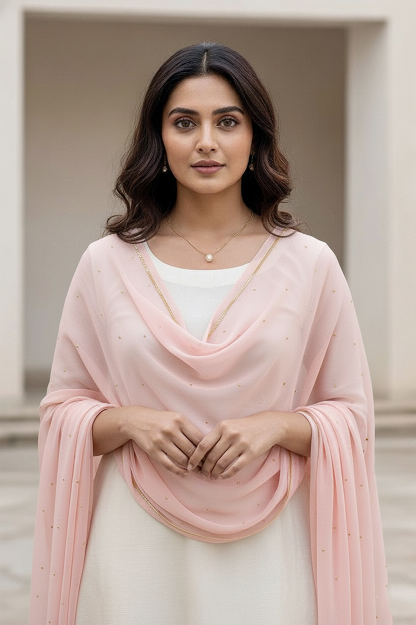 Woman wearing a light pink dupatta over a white outfit with a neutral background.product by Umaid Couture.