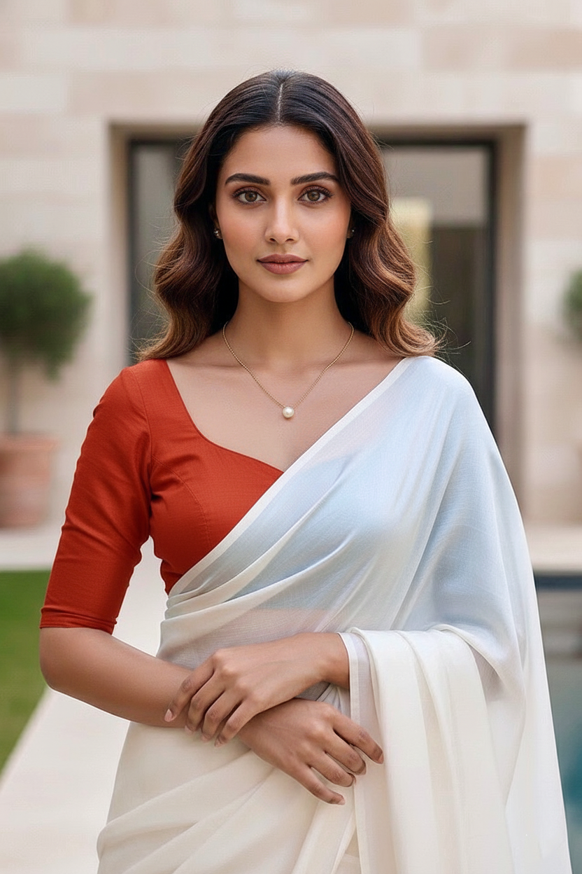 Woman in a white saree with a red blouse standing outdoors. product by Umaid Couture