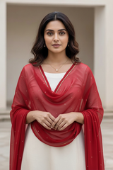 Woman wearing a dupatta over a white outfit by Umiad Couture with a neutral background