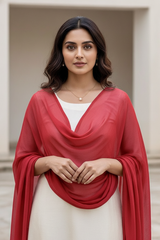 Woman wearing an orange scarf over a white top by Umiad Couture with a neutral background