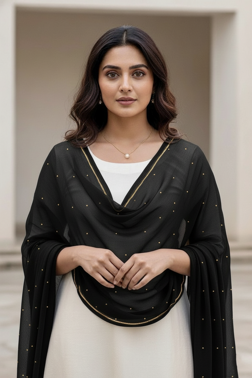 Woman wearing a black and gold traditional outfit with a white top. product by Umaid Couture
