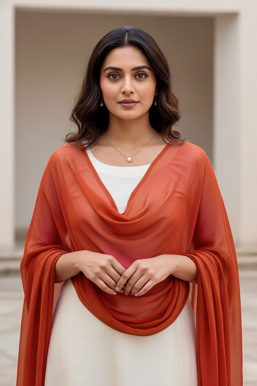 Woman wearing an orange scarf over a white outfit with a neutral background. Product by Umaid Couture