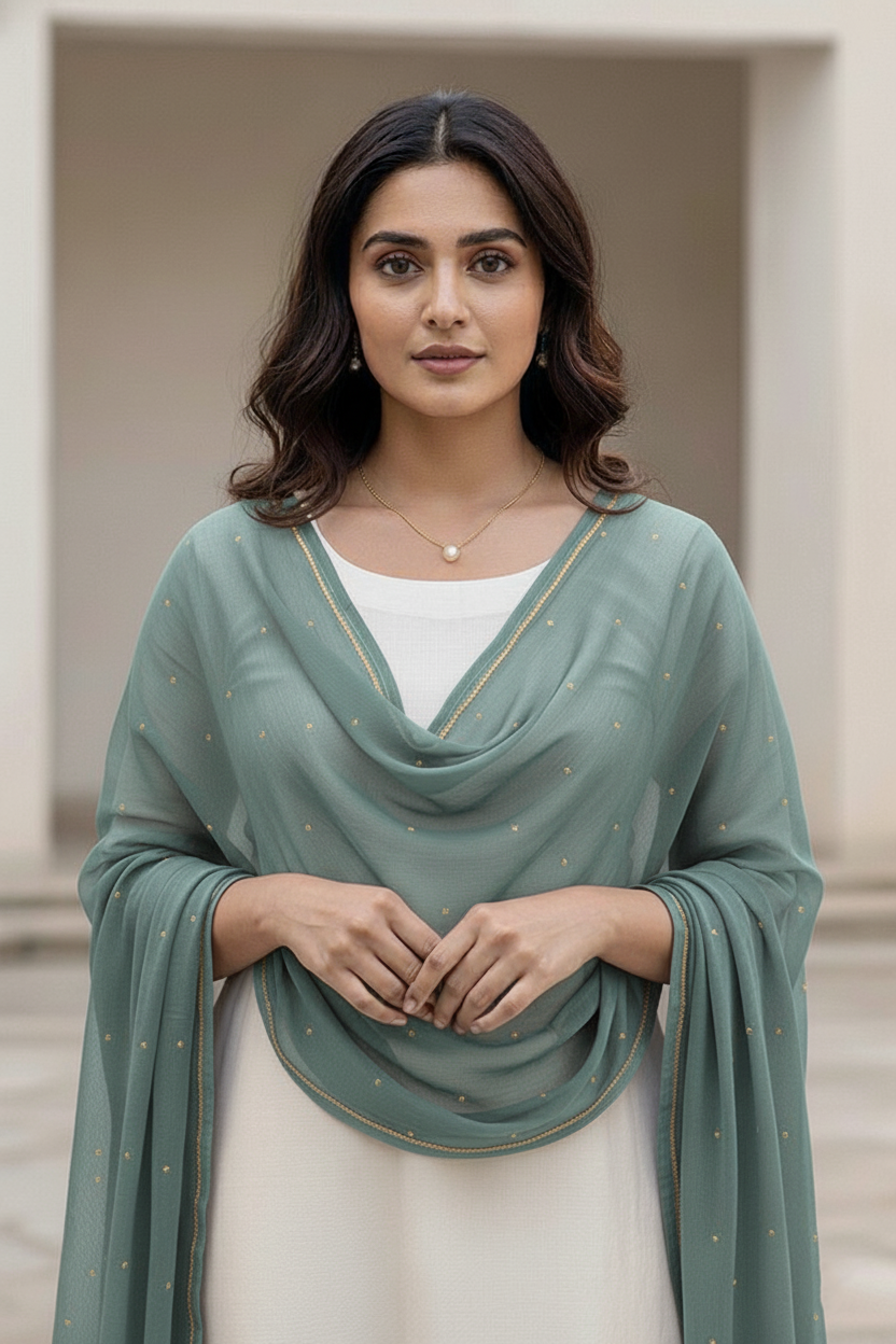 Woman wearing a green dupatta over a white outfit with a neutral background. Product by Umaid Couture.