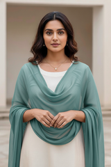 Woman wearing a teal scarf over a white top and skirt, standing against a neutral background. Product by Umaid Couture.