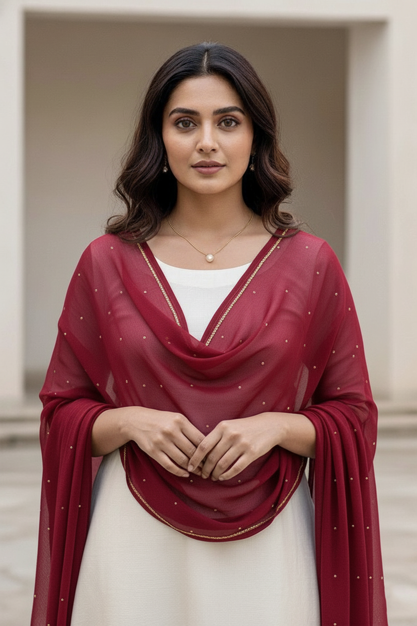 Woman wearing a dupatta over a white outfit by Umiad Couture with a neutral background