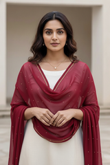 Woman wearing a dupatta over a white outfit by Umiad Couture with a neutral background