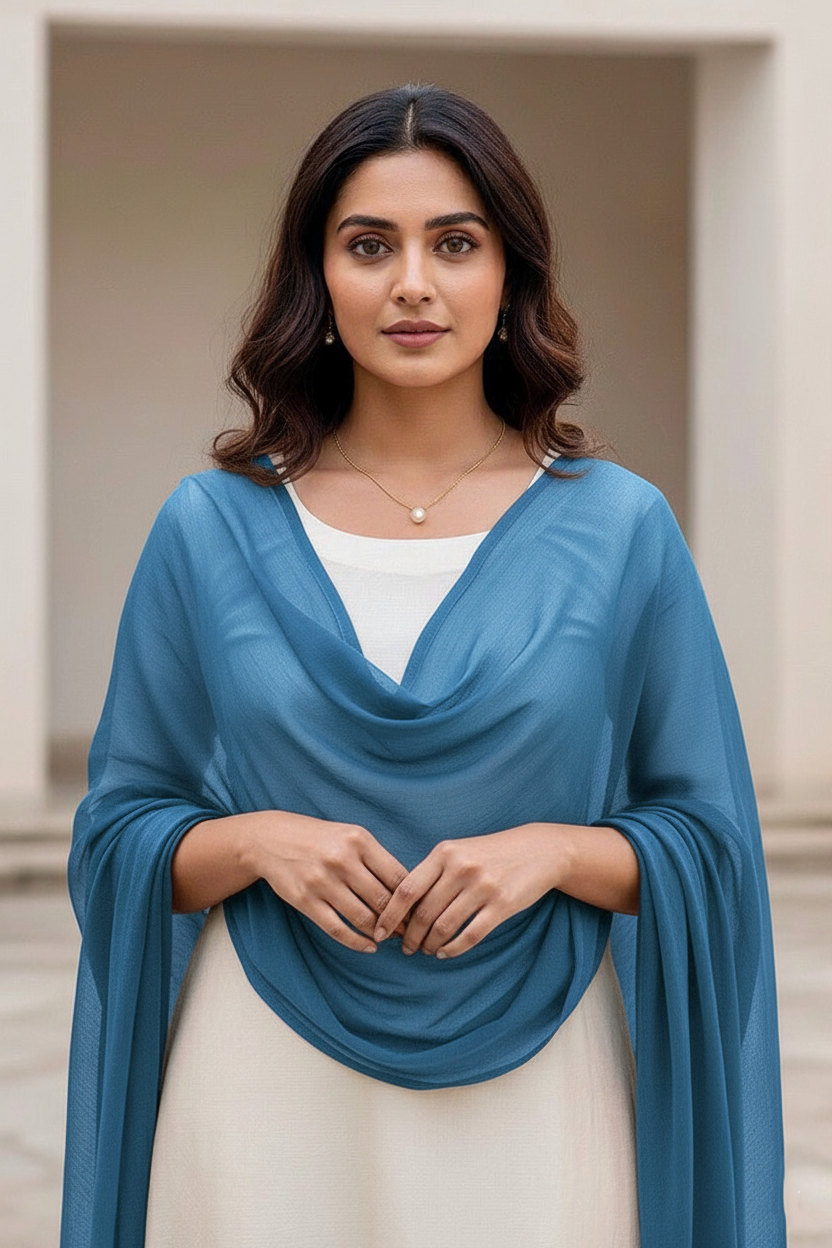 Woman wearing a blue shawl over a white top and beige skirt, standing against a neutral background. Product by Umaid Couture.