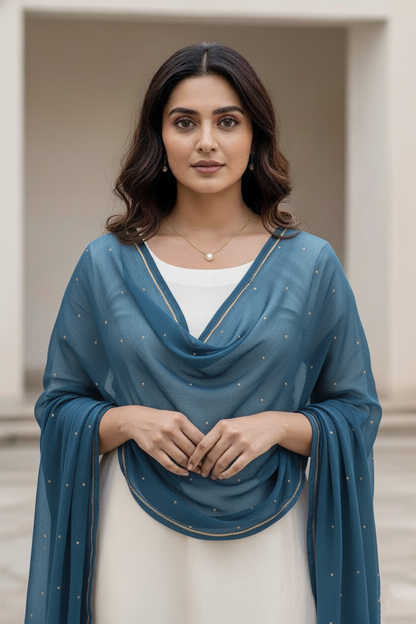 Woman wearing a blue scarf over a white outfit with a neutral background. Product by Umaid Couture.
