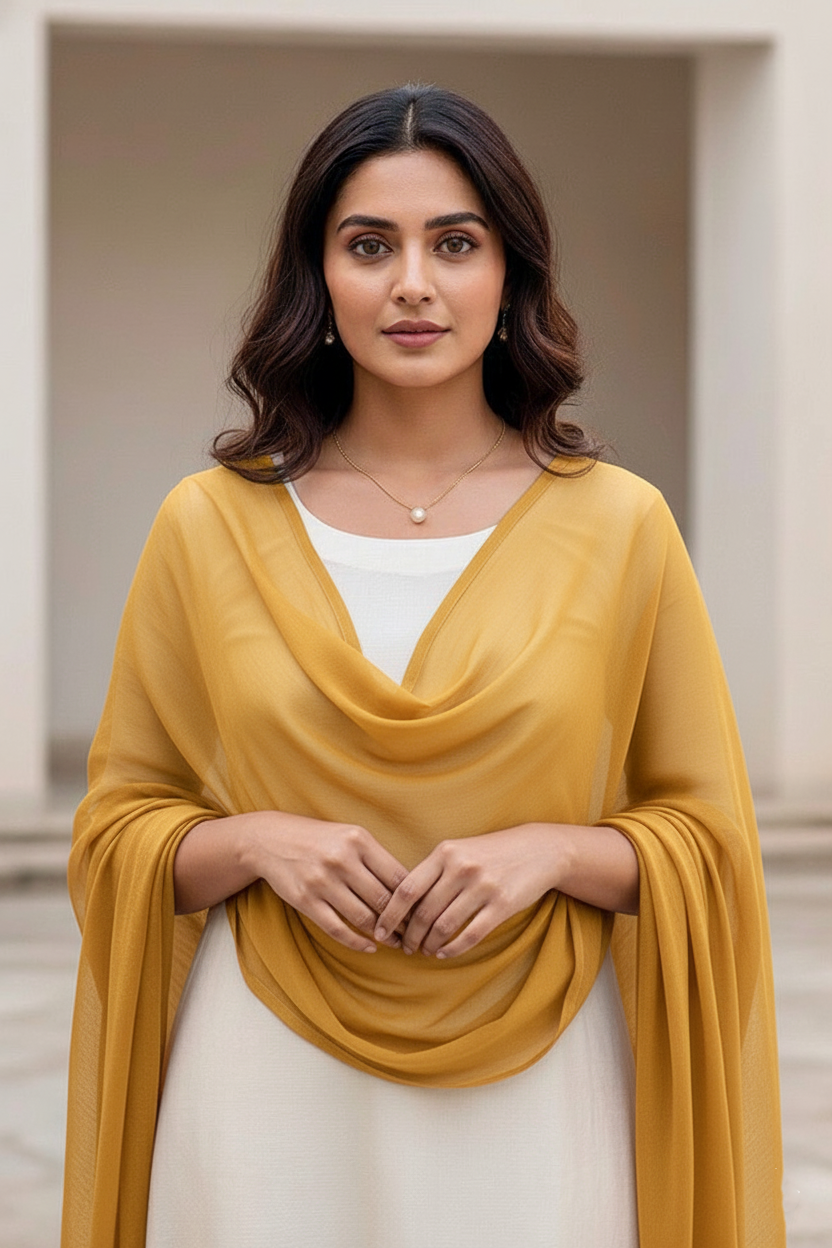 Woman wearing a dupatta over a white outfit by Umiad Couture with a neutral background