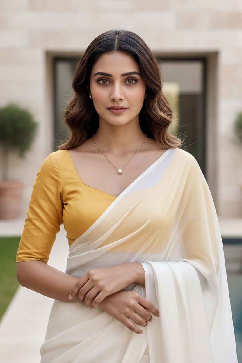 Woman wearing a yellow blouse and white saree outdoors. Product by Umaid Couture.