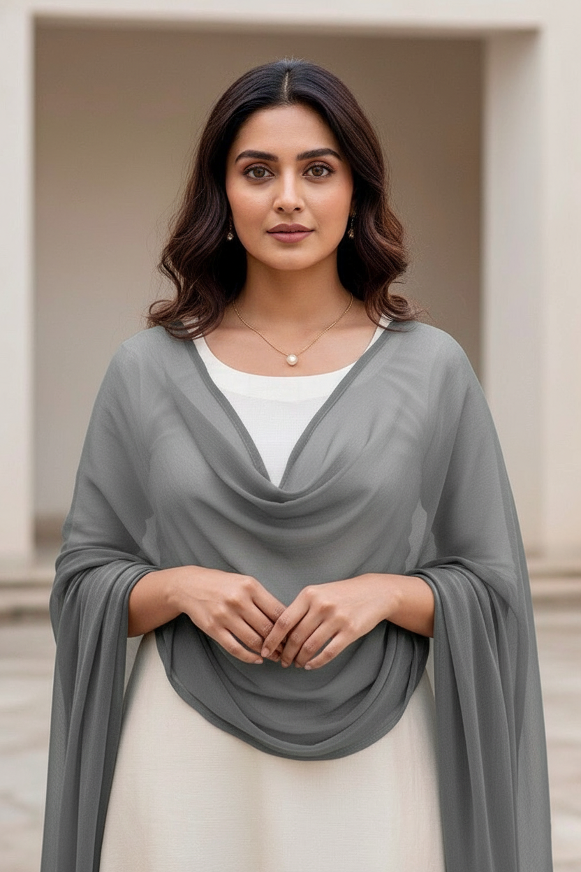 Woman wearing a gray draped scarf over a white top and beige skirt.