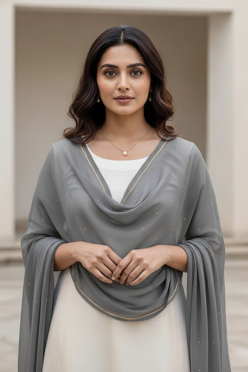 Woman wearing a gray scarf over a white top with a neutral background. product by Umaid Couture