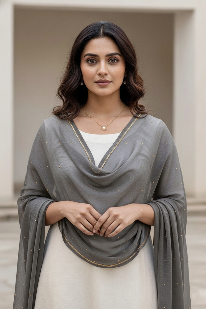Woman wearing a gray shawl over a white outfit with a neutral background. product by Umaid Couture