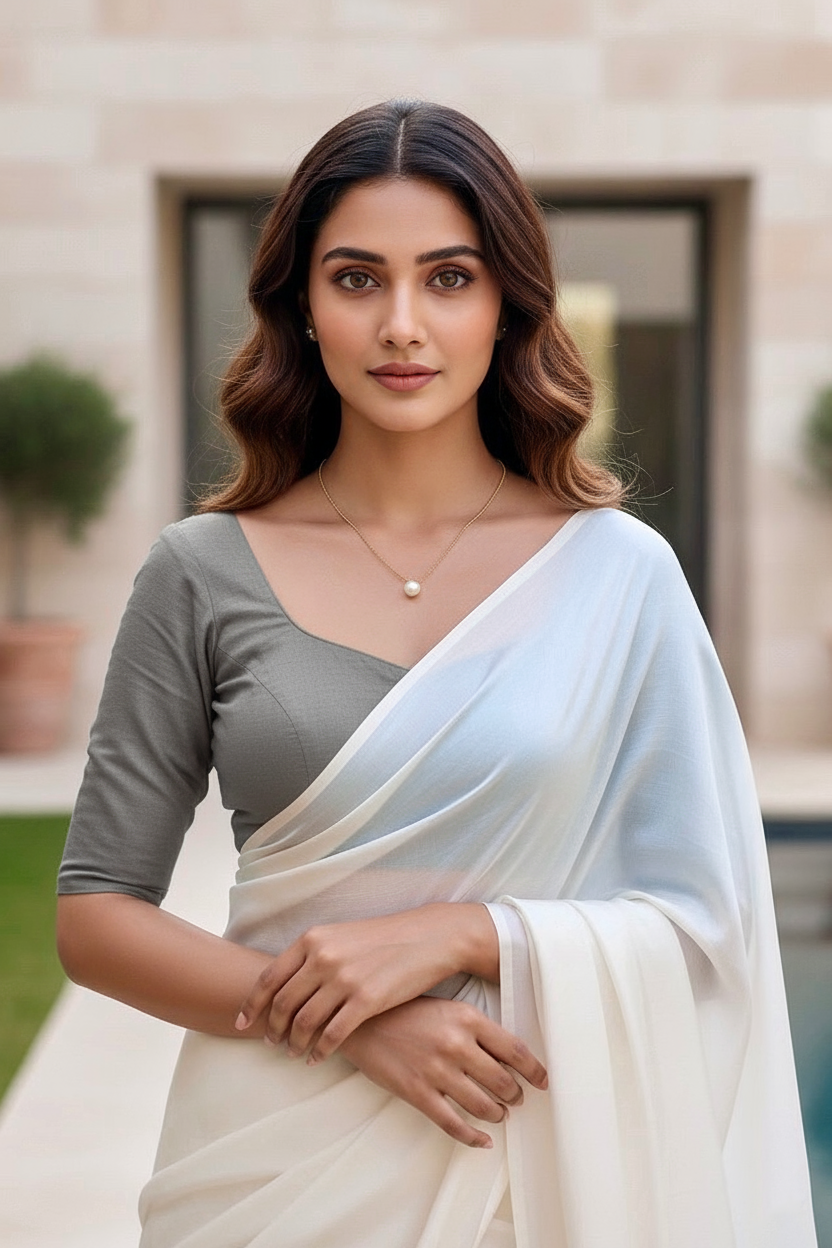 Woman wearing a white saree with a gray blouse in an outdoor setting. product by Umaid Couture