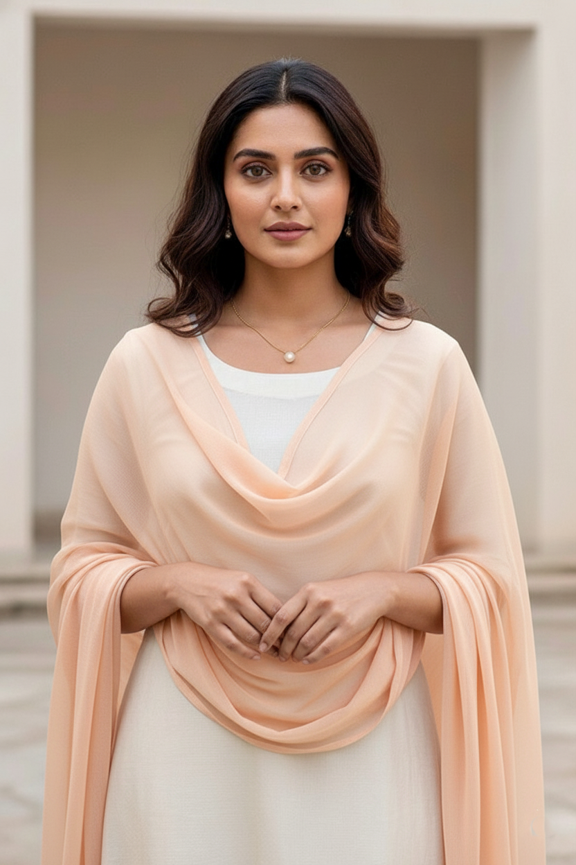 Woman wearing a peach scarf over a white outfit with a neutral background. Product by Umaid Couture.