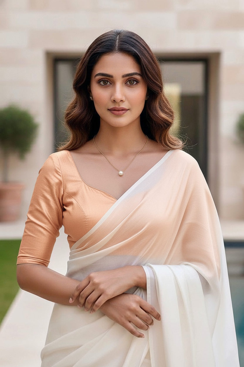 Woman wearing a peach and white saree with a blurred background. Product by Umaid Couture