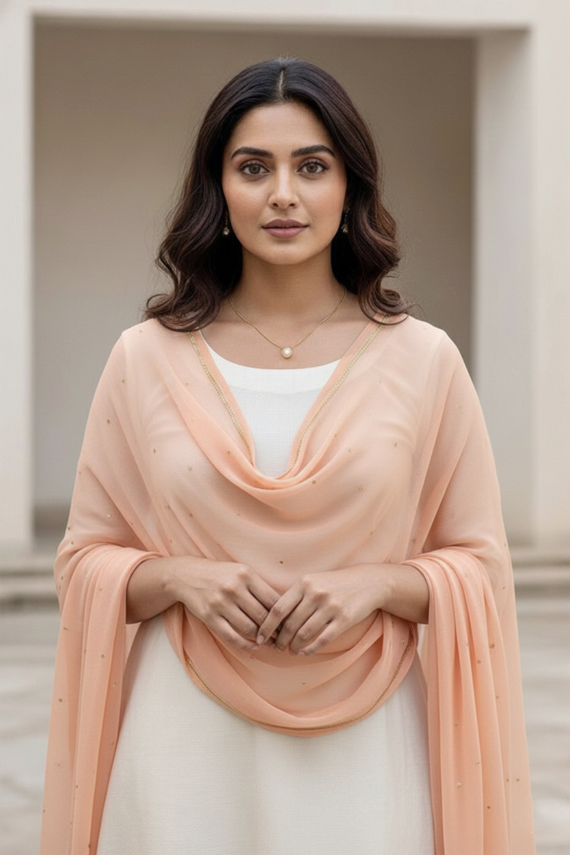Woman wearing a peach dupatta over a white outfit with a neutral background. Product by Umaid Couture.
