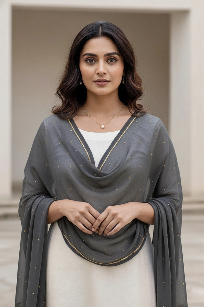 Woman wearing a gray Dupatta over a white outfit with a neutral background. product by Umaid Couture