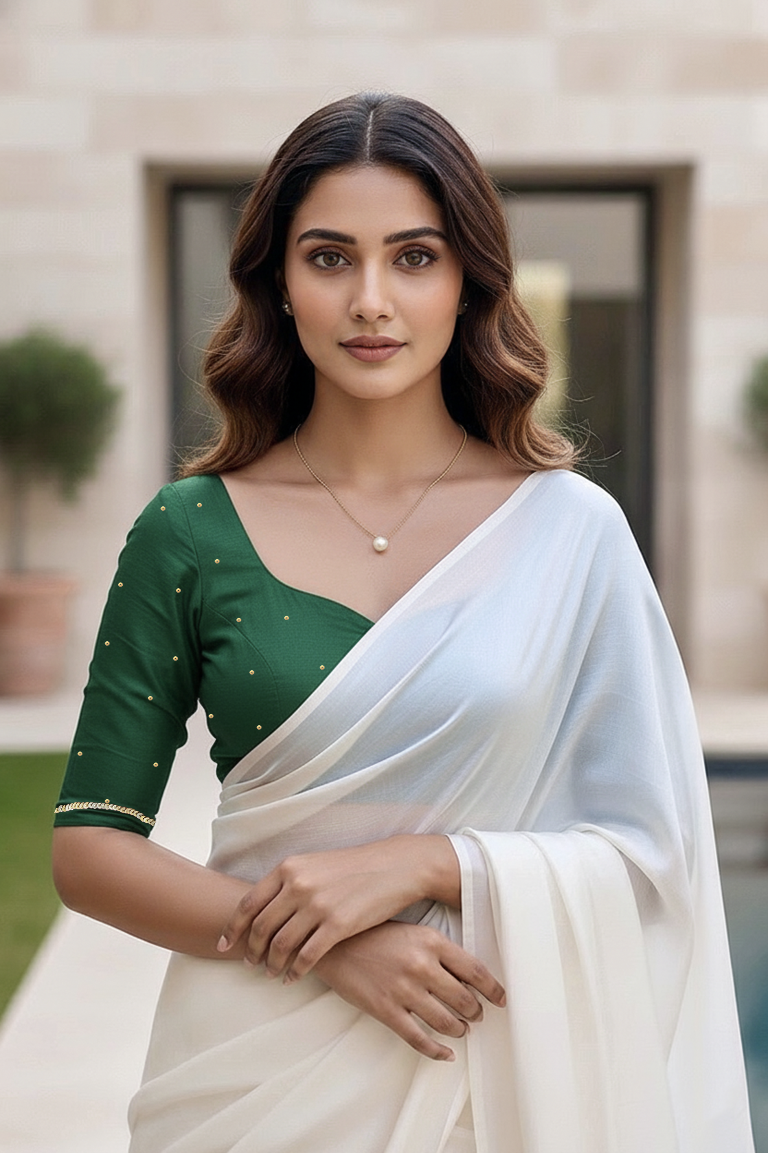 Woman wearing a green blouse and white saree with a blurred background. Product by Umaid Couture