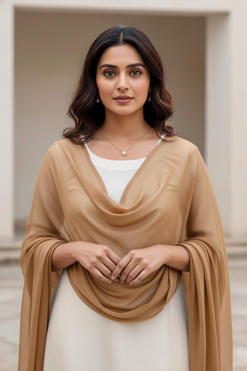 Woman wearing a beige scarf over a white top with a neutral background. Product by Umaid Couture.