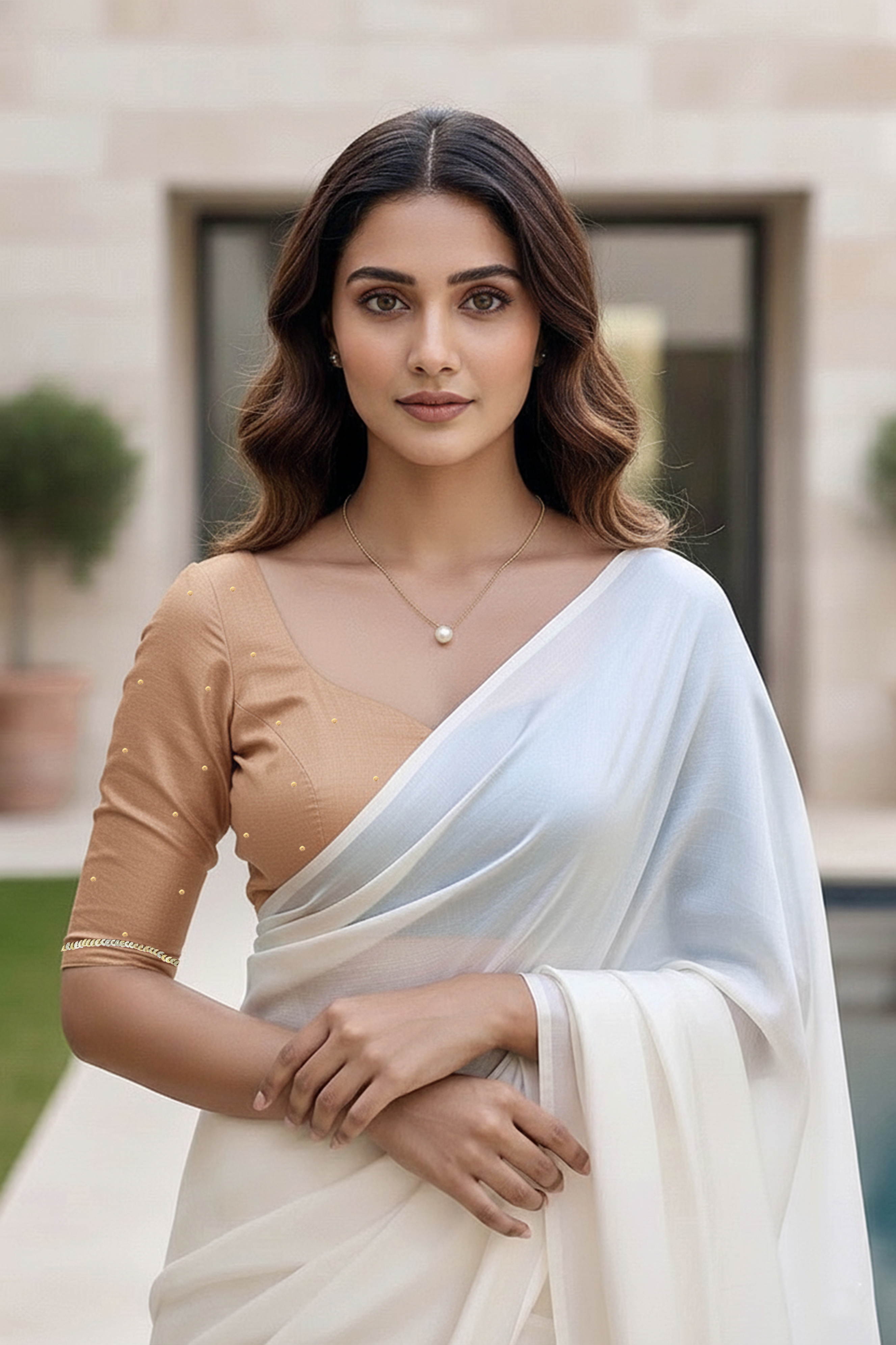 Woman wearing a beige saree with a white blouse outdoors. Product by Umaid Couture