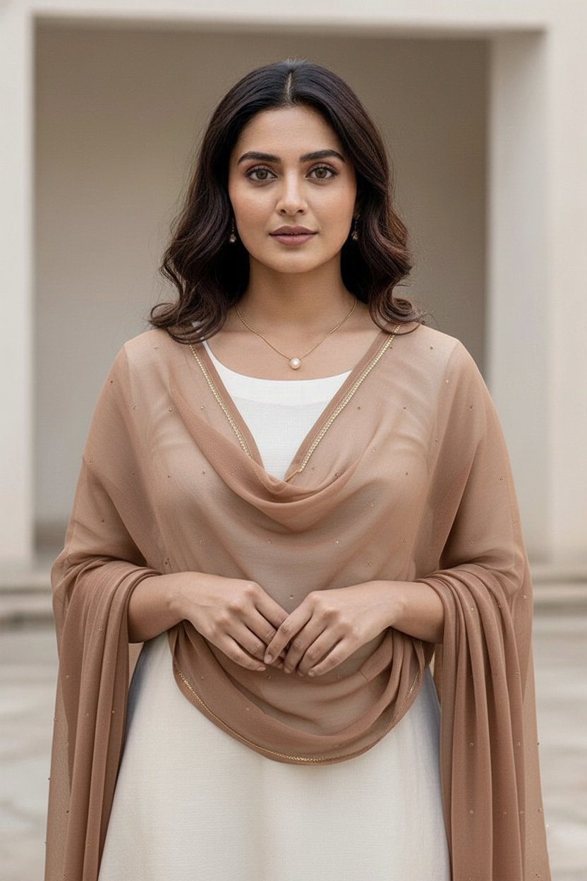 Woman wearing a beige scarf over a white outfit with a neutral background. Product by Umaid Couture.