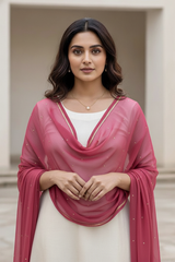 Woman wearing a pink dupatta over a white outfit with a neutral background. product by Umaid Couture
