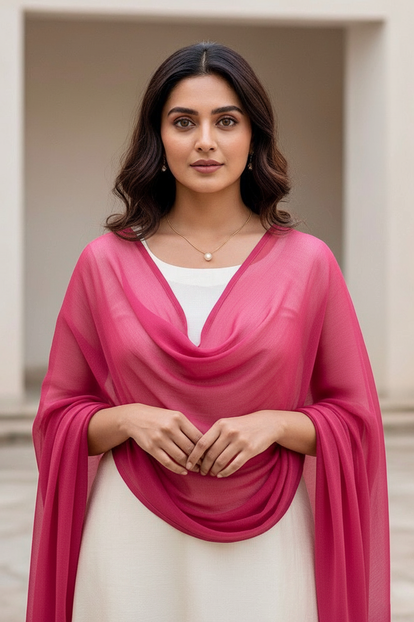 Woman wearing a pink scarf over a white top with a neutral background. Product by Umaid Couture