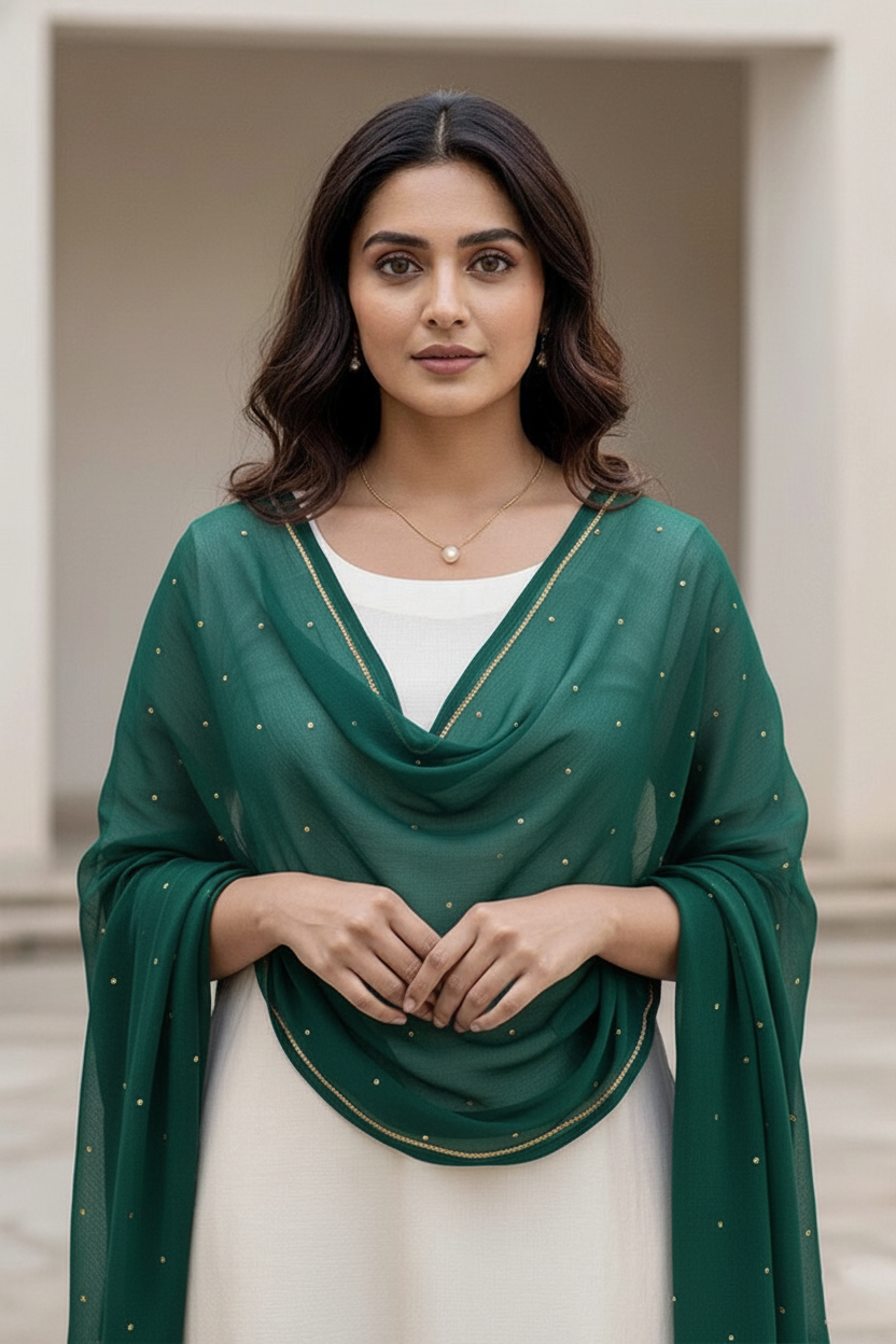 Woman wearing a green scarf with a neutral background. product by Umaid Couture